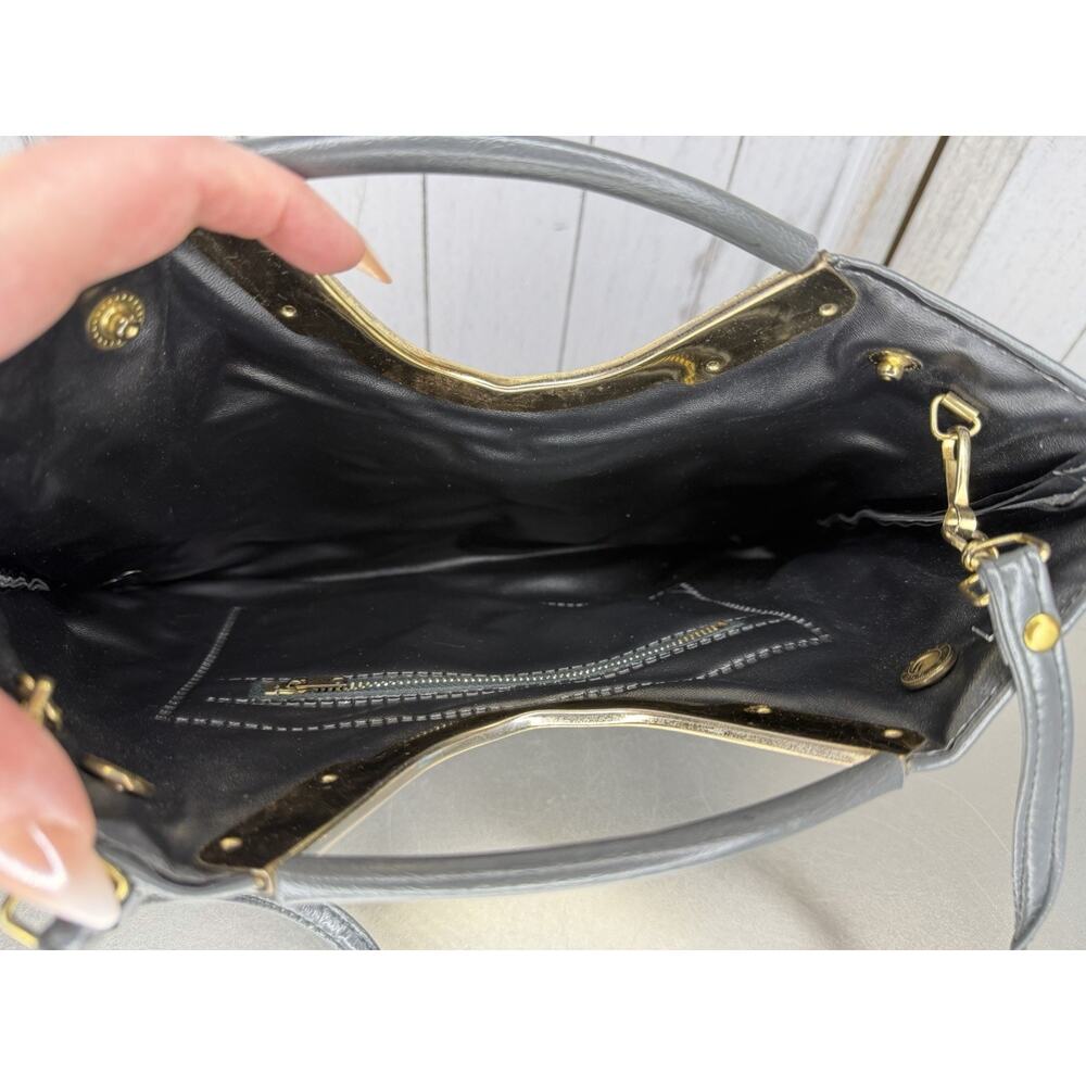 Vintage 70s Satchel Handbag Women Gray Faux Leather Purse Bag Top Handle - Picture 8 of 8